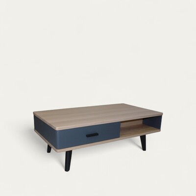 92561 Table basse cooper bleu nuit rétro 2 tiroirs 2 niches poignée chêne massif piétement slim arrondis fabrication française