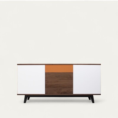 9265_Buffet cooper noyer et laqué blanc lichen oxydé  3 portes 1 tiroir push pull étagères réglables sur crémaillères bois sur mesure made in bretagne
