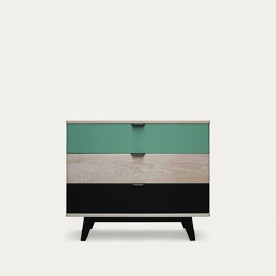 93361_Commode cooper 3 tiroirs push pull frêne blanchi et laqué vert normand noir poignée métal sur mesure made in France