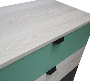 93361d_Commode cooper 3 tiroirs push pull angles arrondis frêne blanchi et laqué vert normand noir poignée métal sur mesure made in France