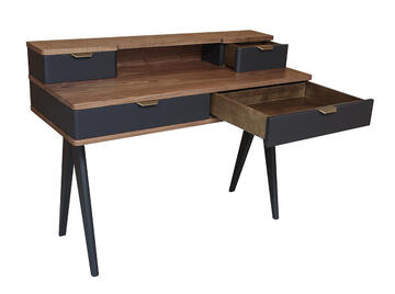 93420_Bureau noyer naturel bois massif et laqué balustrade pied compas tiroirs avec ralentisseurs sur mesure made in Bretagne Pirotais
