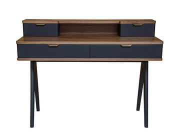 93420_Bureau noyer naturel bois massif et laqué balustrade pied compas tiroirs avec ralentisseurs sur mesure made in France Pirotais