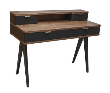 93420_Bureau noyer naturel bois massif et laqué balustrade pied compas tiroirs poignée dorée avec ralentisseurs sur mesure made in France Pirotais