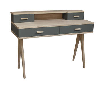 93420_Bureau secrétaire 4 tiroirs Cooper chêne massif blanchi &amp; laqué gris plomb vintage scandinave made in bretagne
