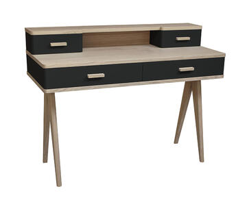 93420_Bureau secrétaire 4 tiroirs Cooper chêne massif blanchi &amp; laqué noir vintage scandinave made in bretagne