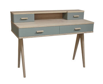 93420_Bureau secrétaire 4 tiroirs Cooper chêne massif blanchi &amp; laqué vert sauge vintage scandinave made in bretagne