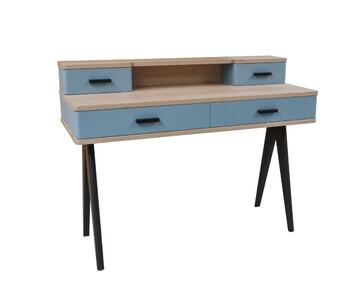 93420_Bureau secrétaire coiffeuse 4 tiroirs Cooper chêne massif blanchi &amp; laqué blue stone vintage scandinave