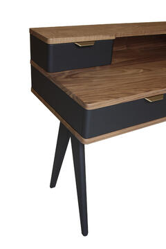 93420d_Bureau noyer naturel bois massif et laqué balustrade pied compas tiroirs poignee dorée avec ralentisseurs sur mesure made in France Pirotais