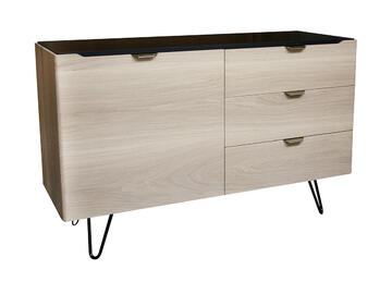 B1154_Buffet 1 porte 3 tiroirs ralentisseurs chêne blanchi bois massif laqué noir poignée dorée cuivrée pied métal épingle étagères bois fabrication française Rennes Avranches