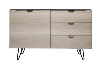 B1154_Buffet 1 portes 3 tiroirs ralentisseurs chêne blanchi bois massif laqué noir poignée dorée cuivrée pied métal épingle étagères bois fabrication française Rennes Avranches