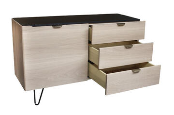 B1154d_Buffet 1 porte 3 tiroirs ralentisseurs chêne blanchi bois massif laqué noir poignée dorée cuivrée pied métal épingle étagères bois fabrication française Rennes Avranches