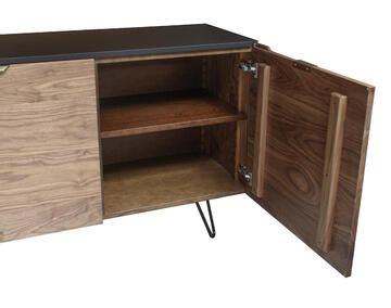 B1160_Buffet 3 portes noyer naturel bois massif laqué noir poignée dorée pied métal épingle étagères bois fabrication française Rennes Avranches