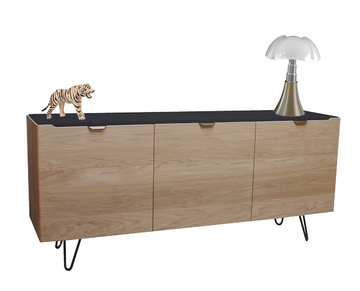 B1160_Buffet 3 portes ralentisseurs chêne blanchi bois massif laqué noir poignée dorée cuivrée pied métal épingle fabrication française Rennes