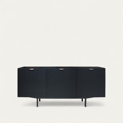 B1160_Buffet 3 portes ralentisseurs chêne wengé noir bois massif laqué noir poignée dorée cuivrée pied métal bateau étagères bois fabrication française Rennes