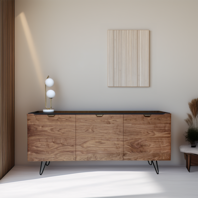 B1160_Buffet 3 portes ralentisseurs noyer naturel bois massif laqué noir poignée dorée pied métal épingle étagères bois fabrication française Rennes Avranches 1200