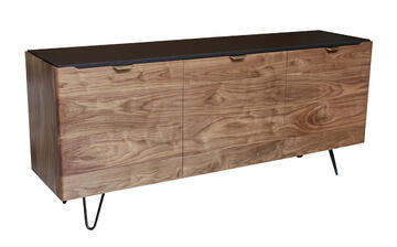 B1160_Buffet 3 portes ralentisseurs noyer naturel bois massif laqué noir poignée dorée pied métal épingle étagères bois fabrication française Rennes