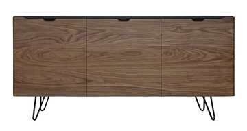 B1160_Buffet 3 portes ralentisseurs noyer naturel bois massif laqué noir poignée noire pied métal épingle étagères bois fabrication française Rennes