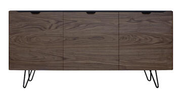 B1160_Buffet 3 portes ralentisseurs noyer naturel bois massif laqué noir poignée noire pied métal épingle étagères bois fabrication française Rennes