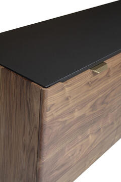 B1160d_Buffet 3 portes ralentisseurs noyer naturel bois massif laqué noir poignée dorée pied métal épingle étagères bois fabrication française Rennes Avranches