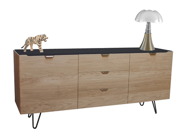 B1162_Buffet 2 portes 3 tiroirs ralentisseur chêne blanchi bois massif laqué noir poignée dorée cuivrée pied métal épingle fabrication française Rennes