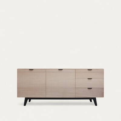 B1162_Buffet 2 portes 3 tiroirs ralentisseur chêne blanchi bois massif laqué noir poignée dorée noire pied slim fabrication française Rennes