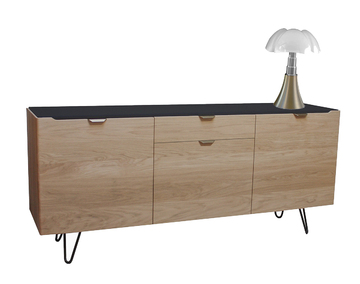 B1165_Buffet 3 portes 1 tiroir ralentisseur chêne blanchi bois massif laqué noir poignée dorée cuivrée pied métal épingle fabrication française Rennes