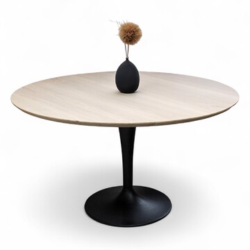 B1919_table ronde chêne blanchi bois massif bord biseauté pied métal tulipe noir made in france sur mesure PIROTAIS