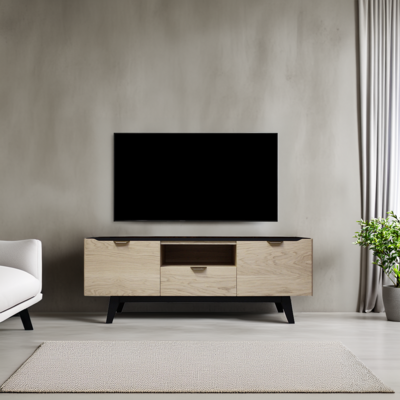 B2285_ BUFFET TV 2 portes 1 tiroir 1 niche_BRIDGE CHENE pied slim laqué balustrade poignée métal noir made in bretagne 1200