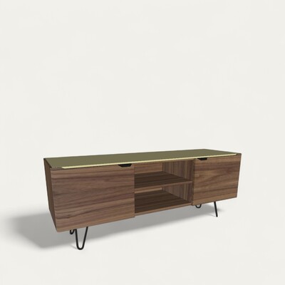 B2285_ BUFFET TV 2 portes 1 tiroir 1 niche BRIDGE noyer naturel laqué doré piétement épingle sur mesure personnalisable made in Bretagne