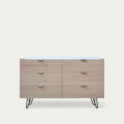 B3364 commode 6 tiroirs chêne blanchi et laqué blanc pied épingle noir poignée dorée sur mesure made in bretagne Fougères Rennes
