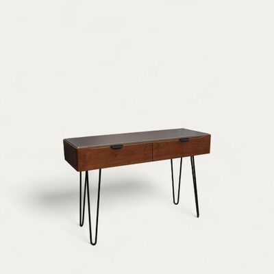 B3420_Console 2 tiroirs noyer naturel bois massif laqué doré metallisé poignée bec noir pied métal épingle fabrication française Rennes Pirotais sur mesure