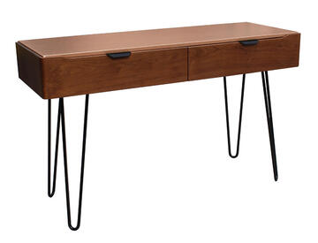 B3420_Console 2 tiroirs noyer naturel bois massif laqué doré rosé metallisé poignée bec noir pied métal épingle  fabrication française Rennes Pirotais sur mesure 2