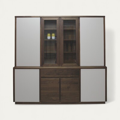 Bahutin solstis en 2 corps 8 portes 1 tiroirs noyer naturel et laqué sur mesure