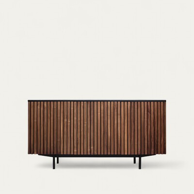 Buffet 3 portes push pull tasseaux Noyer naturel et wengé noir piétement métal bateau noir