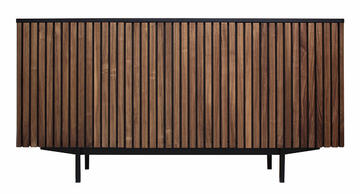 Buffet 3 portes Tasseaux Noyer naturel et wengé noir piétement bateau métal noir sur mesure made in France