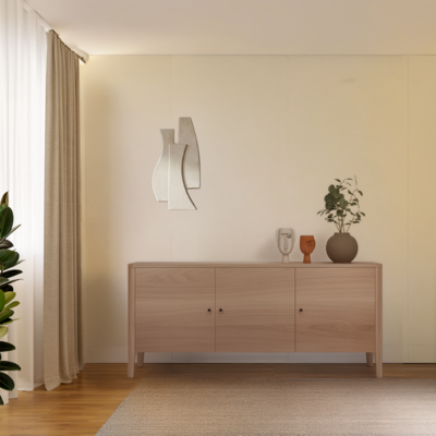 Buffet Dolce 3 portes chêne blanchi pieds et coins arrondis