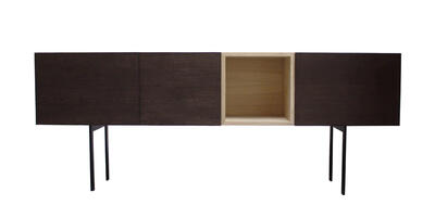 buffet 3 abattants 1 niche piétement métal en u chêne blanchi défibré et chêne anthracite fabrication française bois massif