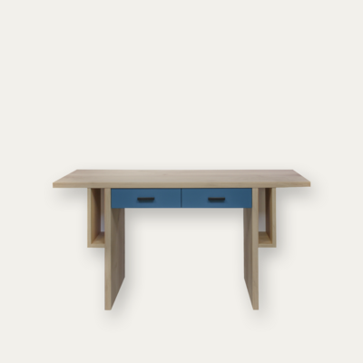 Bureau atelier chêne blanchi laqué bleu cosy 2 tiroirs made in bretagne sur mesure personnalisable