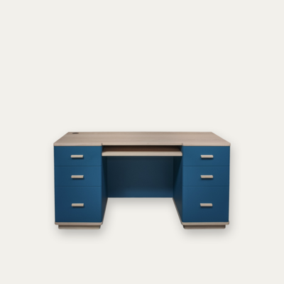 Bureau cooper chêne blanchi laqué bleu 6 tiroirs 1 niche made in bretagne sur mesure personnalisable