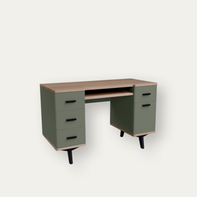 Bureau cooper chêne blanchi laqué vert sauge 4 tiroirs 1 porte made in bretagne sur mesure personnalisable