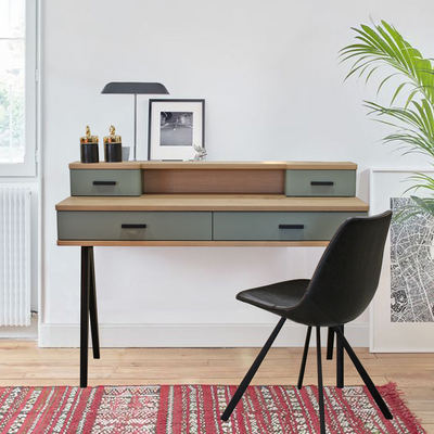 Bureau cooper chêne blanchi laqué vert sauge 4 tiroirs made in bretagne sur mesure personnalisable