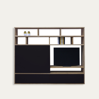 Composition murale TV 3 tiroirs 1 porte coulissante chêne blanchi bois massif et laqué balustrade personnalisable fabriqué en France