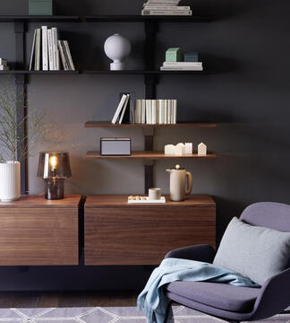 Composition TV casa modulable personnalisable noyer naturel bois massif laqué noir profil aluminium brun noir caissons tiroirs abattants étagères fabriqué en france