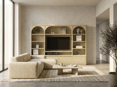 D1480 Bibiothèque TV avec arches angles arrondis dessus débordant chêne blanchi et laqué blanc sur mesure personnalisable fabrication artisanale
