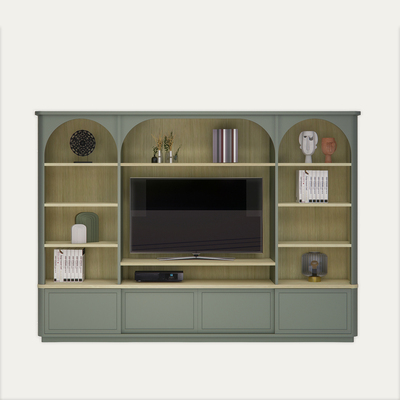 D1480 Composition murale TV chêne blanchi et laqué vert sauge arches angles arrondis dessus débordant socle en retrait