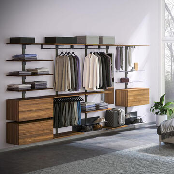 Dressing composition modulable noyer naturel profils noirs tiroirs étagères réglables sur profils aluminium brun noir bois massif made in france