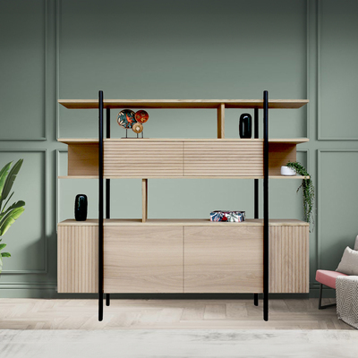 F1350_Buffet étagère en suspension chêne blanchi et wengé noir massif sur mesure made in Bretagne K