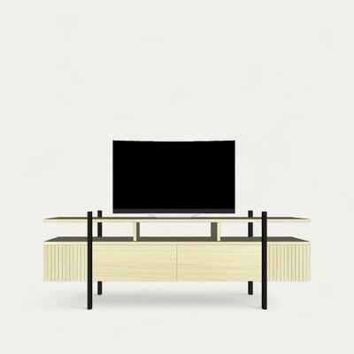 F2370_Buffet TV 2 portes 2 abattants 1 étagère_Chene blanchi face