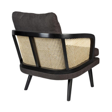 Fauteuil ZUIVER manou dos cannage rotin tissu gris pied bois wengé noir