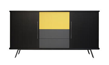 G1163_Buffet 2 portes rideau 2 tiroirs 1 abattant chêne wengé noir laqué jaune citron et gris plomb personnalisable